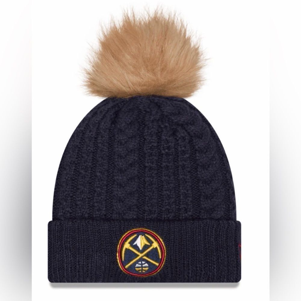 NEW ERA DENVER NUGGETS NAVY BLUE LUXE CUFF POM WOMENS KNIT HAT